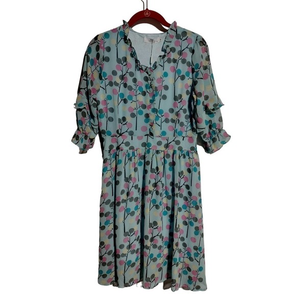 YMS NWT Light Blue and Multi-Color chiffon dress 3/4 sleeve woman size medium - Picture 2 of 7